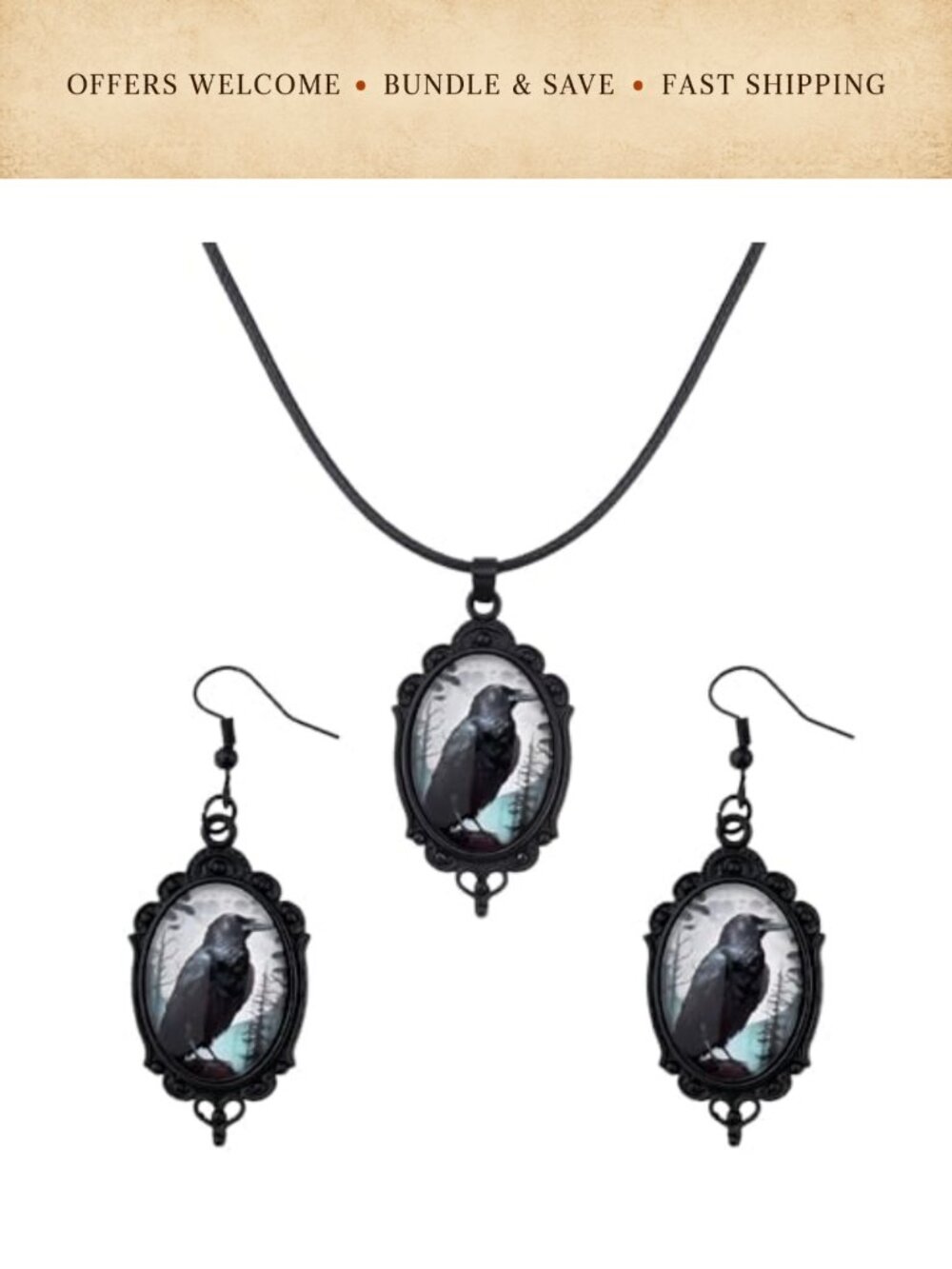 Gothic Raven Pendant Necklace and Earrings Set Halloween Costume Jewelry